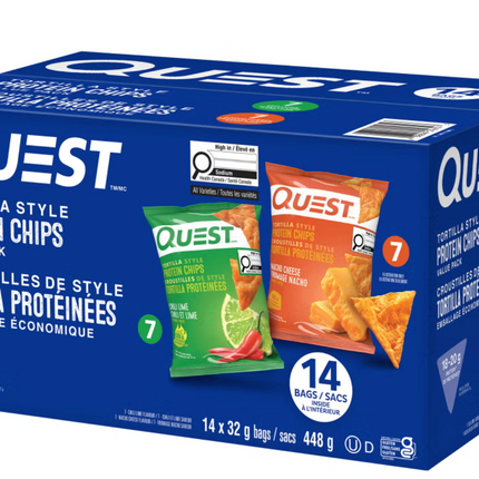 Quest Tortilla Style Protein Chips, Nacho Cheese & Chili Lime Flavours, 12-14 × 32 g