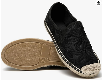 Oneiya Black Flats Embroidered Flower Size 10
