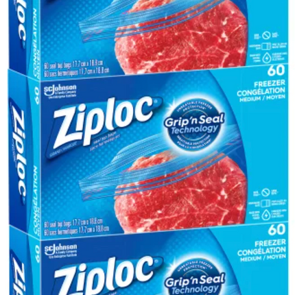 Ziploc Brand Medium Freezer Bags, 3 packs of 60