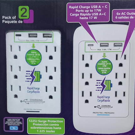 Charging Essentials, USB/AC Wall Outlets with Surge Protector - Pack of 2