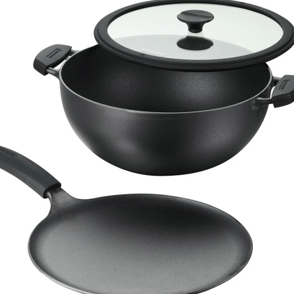 Tramontina Cast Iron Deep Kadai and Flat Tawa Cookware Set, 3-pieces