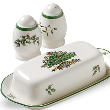 Spode Christmas Tree 3-Piece Hostess Set, 8 – Inch Butter Dish with Lid, 3 – Inch Salt and Pepper Shaker