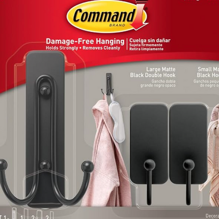 Command Matte Black Hooks Combo Pack 17036MB-VPEF, 3 Hooks, 3 Strips