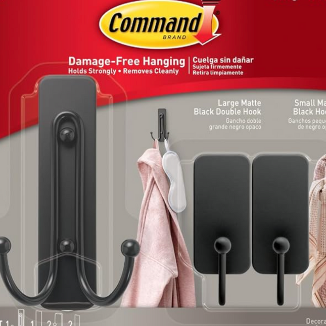 Command Matte Black Hooks Combo Pack 17036MB-VPEF, 3 Hooks, 3 Strips