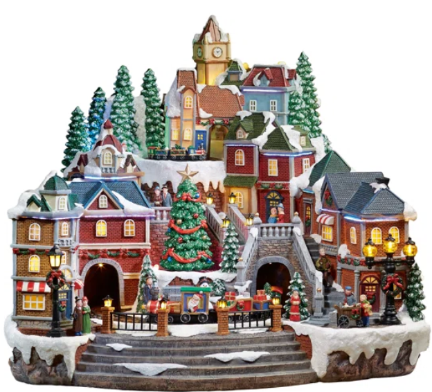 14.5 Inch (37 cm) Animated LED Winter Village Scene with Rotating Train and Music